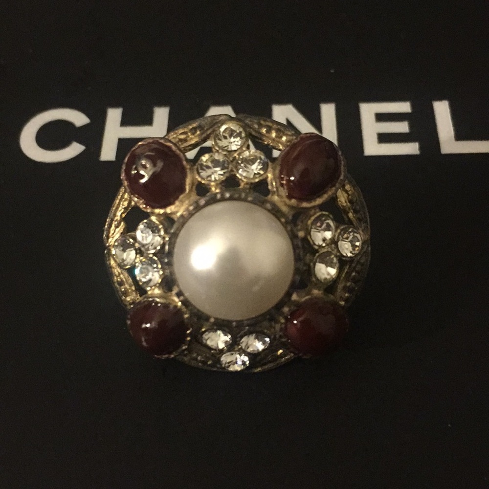 Chanel Pearl Brooch/Pin w/ Crystals & Red Stones